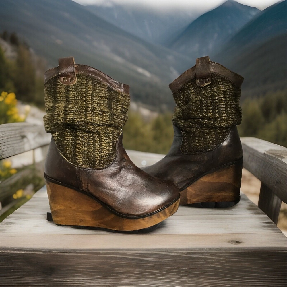 BED STU Boots BRUGES Women's Size 7.5 Brown Bootie Slouch Wooden Wedge Cobbler